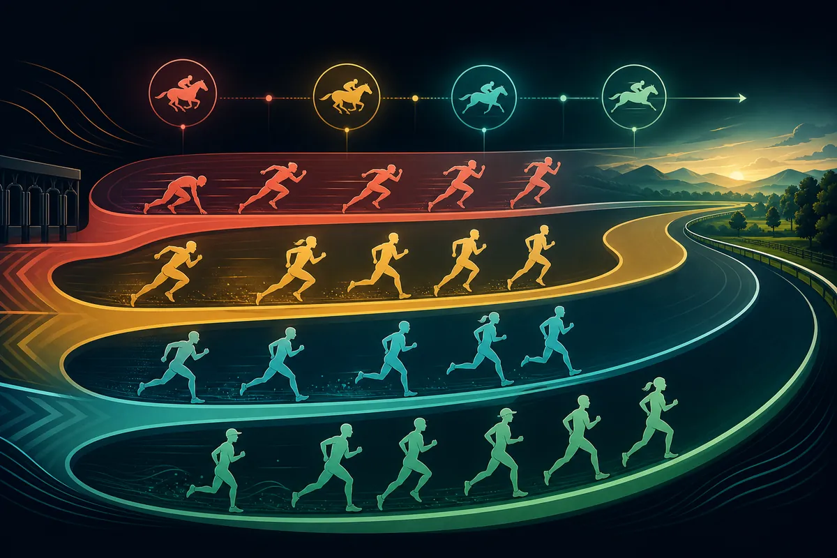 Text-free editorial diagram of race distance lanes used to choose Umamusume trainees by role