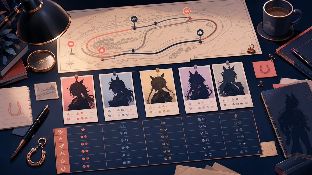 Editorial strategy desk showing abstract Umamusume character tier planning cards and a race track map