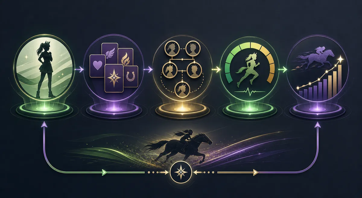 Text-free editorial workflow showing character selection support cards inheritance stamina and race simulation validation