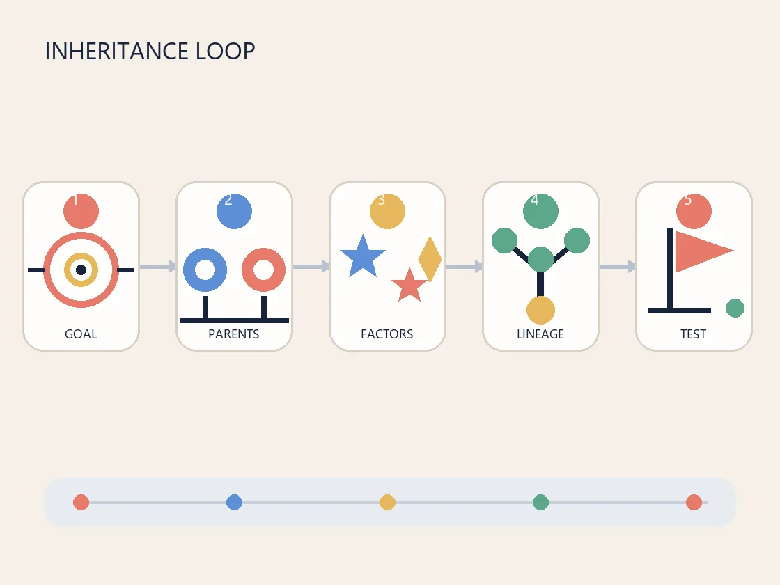 Editorial flow diagram from an Umamusume race goal through parent search, factor filtering, lineage affinity, and final testing