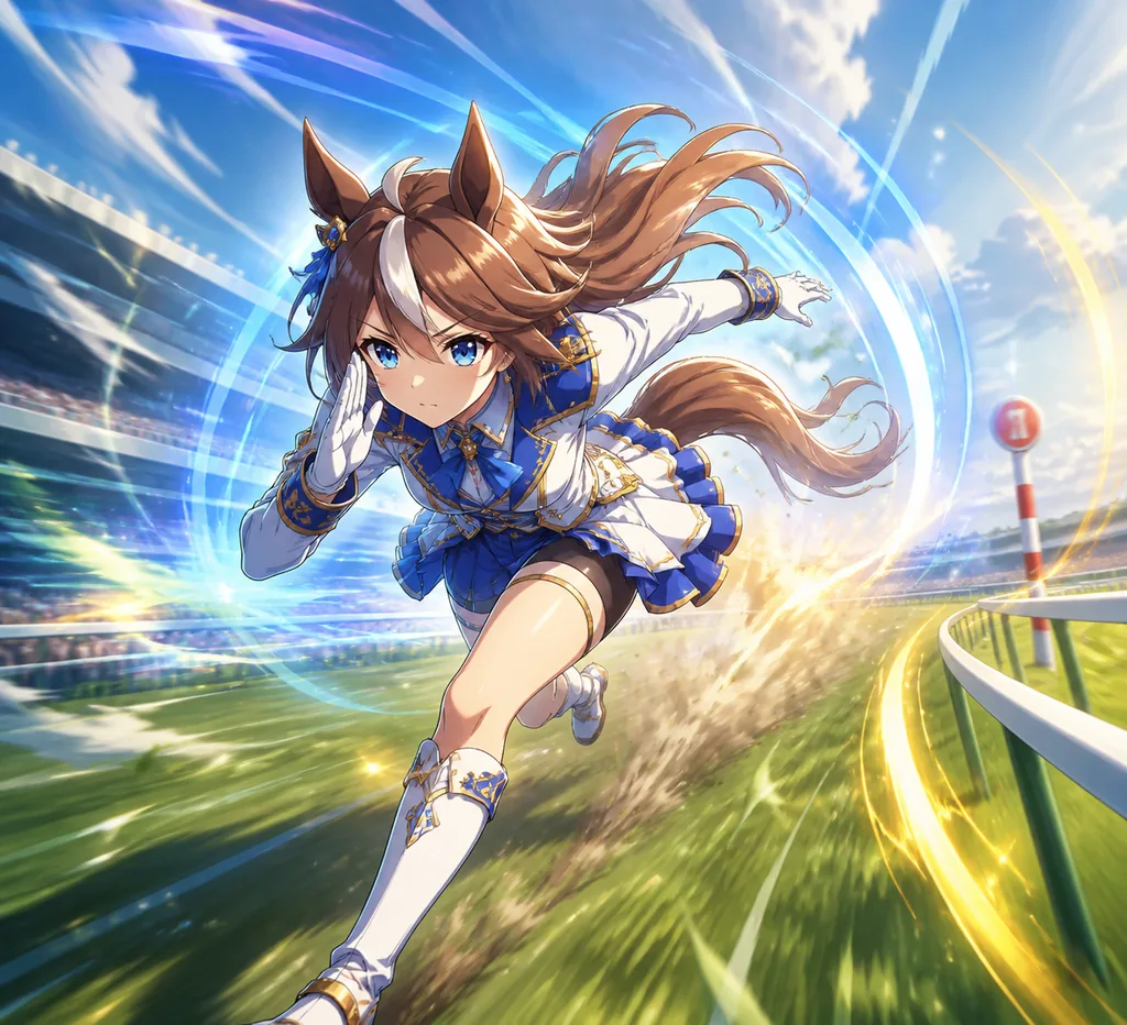 Editorial concept illustration of an Umamusume runner activating a skill on a race track