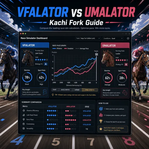 VFAlator and Umalator comparison dashboard for Umamusume race simulator choices